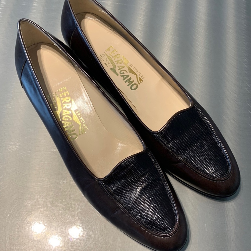 Salvatore Ferragamo Black and Brown Leather Flats